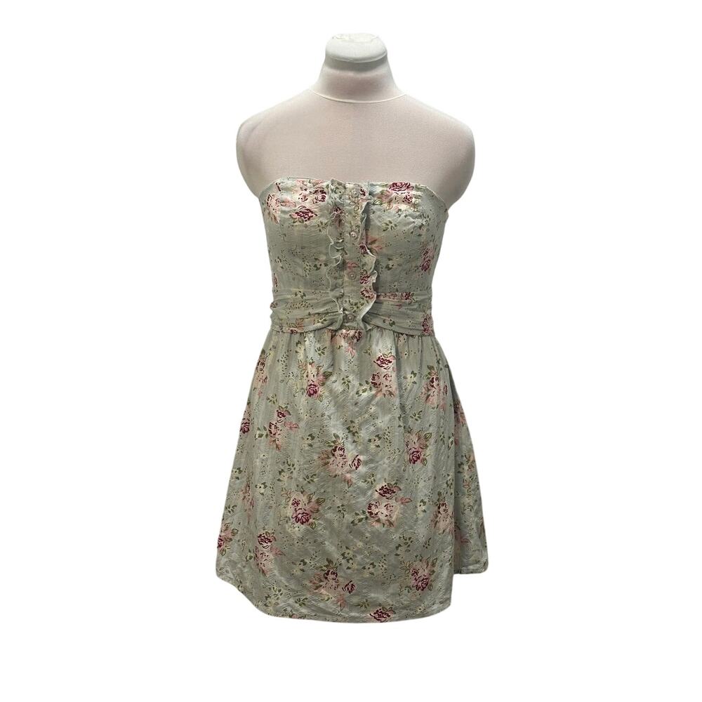 Y2K Cotton Strapless Pale Mint Pastel Floral Ruffle Tie Back Dress M Coquette